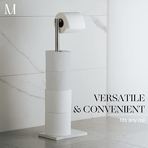 MARMOLUX ACC Free Standing Brushed Nickel Toilet Paper Holder Stand White Marble Base and Storage | 4 Jumbo Roll Bathroom Hardware Toilet Tissue Organizer | Stainless Steel Bathroom Decor Accessory - color: Steel Brushed/White Marble