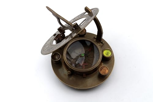 Brass Compass - Antique Brass Sundial Compass Marine Boat Gift Pocket Sun Dial in Box Nautical Marine Gift Sun Clock Pirate Ship Replica Watch - color: Red/Gold