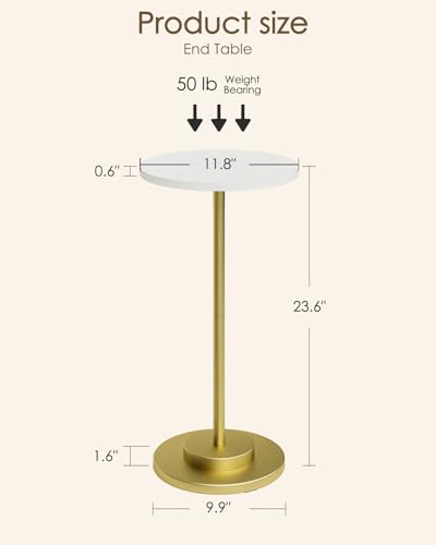 Masupu Drink Table, Round Side Table for Small Spaces, Pedestal Side Table, Small End Table with Metal Base, for Living Room, Bedroom, Bathroom, White Gold - color: 01.white Gold