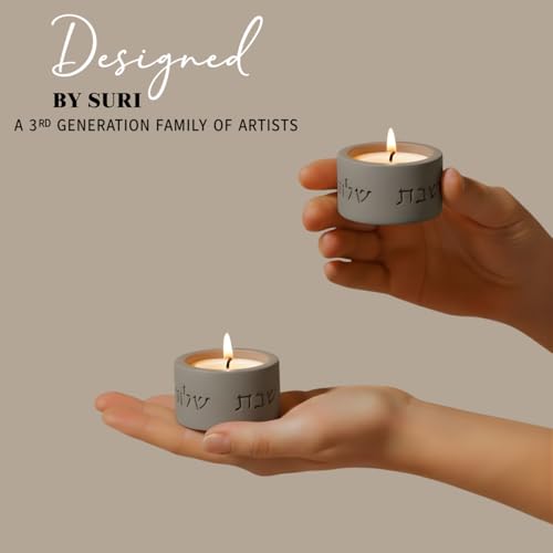 SURI Concrete Shabbat Candle Holders | Jewish Judaica Gift Set with Modern Shabbat Candle Holders | Tall & Short, Ideal Shabbat Set for Tea Lights (Tealights not Included) - color: Gray(flow), size: Short
