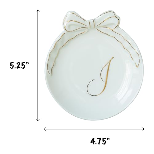 COLLECTIVE HOME - Personalized Initial Ceramic Jewelry Tray with Bow, Christmas Gift Ideas for Women, Small Gift for Girlfriend Wife, Ring Holder, Earrings Dish, Birthday Gift for Her (I) - color: I