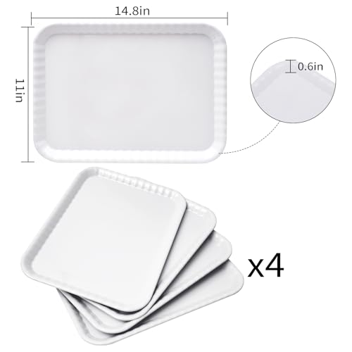 Blue Boat 15" x 11" Rectangular Serving Trays Set of 4 White, Melamine Serving Platter, Light Weight Easy to Clean Sturdy Stackable BPA-Free Dishwasher Safe