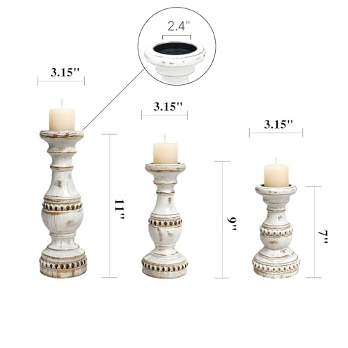 Candle Holder for Pillar Candle Set of 3, Farmhouse Solid Wood Candle Holder, Rustic Wooden Candle Stand, Vintage Small Wooden Candlestick Holders Decorative for Living Room, Table Centerpiece - color: Antique White