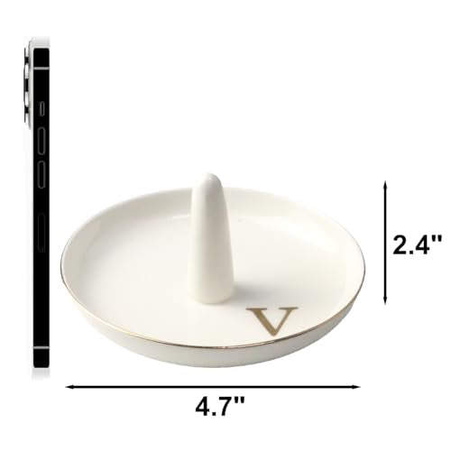 Ceramic Initials Jewelry Tray Ring Dish With Personalized V-Monogrammed Engagement Wedding Gifts, for Birthday Mother's Day for Women, Ceramic White 4.7" x2.4" - style: V