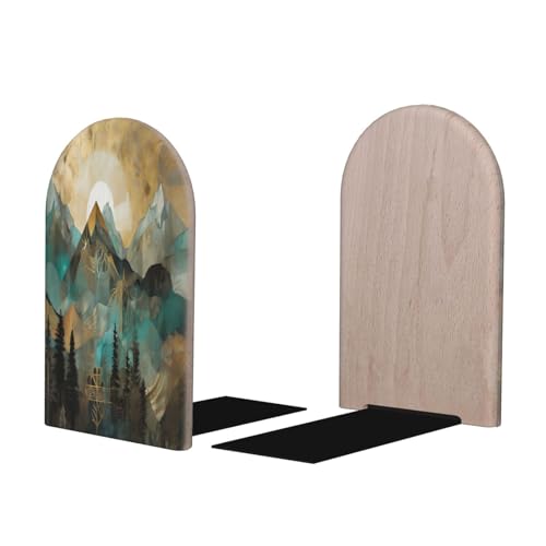 Mountains Sun Tree L-Shaped Book Ends 1 Pair Wood Bookends Landscape Book End Supports for Heavy Book Shelf Holder Home Decorative - color: Mountains Sun Tree