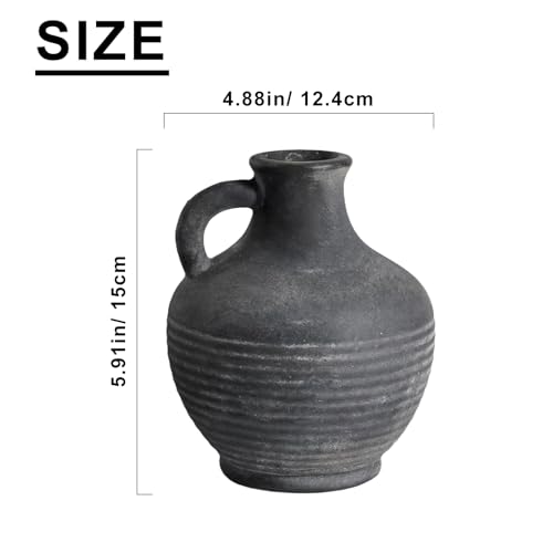 Black Ceramic Vase, Rustic Farmhouse Vase with Handle, 6 inch Terracotta Clay Small Vases, Centerpieces for Dining Table, Living Room, Bedroom, Entryway, Shelf Decor - color: Rustic Black - 6, size: 6 Inch