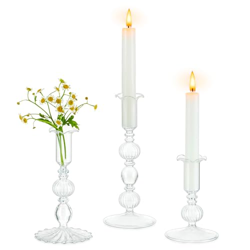 Glasseam Glass Tapered Candlestick Holders: Set of 3 Clear Candle Sticks Holder Decor with Bobeche Modern Ribbed Taper Candle Holders for Table Centerpiece Christmas Wedding Home Decorations - color: Clear