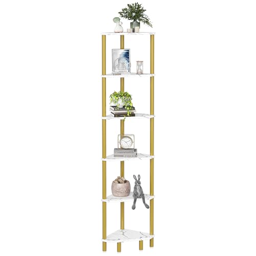 6 Tier Corner Shelf, 66.5'' Tall Standing Shelf, Narrow Display Shelf Stand, Modern Corner Bookshelf, Plant Stand, Corner Bookcase for Living Room, Bedroom, Bathroom, Gold and White LCS502GC - color: Gold and White