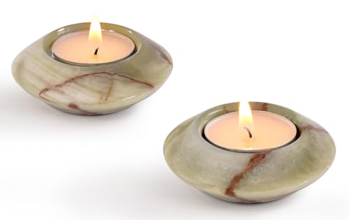 Tealight Candle Holders Set of 2 – Handcrafted Natural Marble Tea Light & Votive Holders, Decorative Stone Candle Holder Pair for Home Décor, Dining Table, Coffee Table & Wedding Decor - color: Green, size: 3" Inches