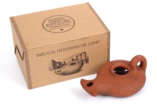 Biblical Herodian Oil Lamp with Handle – Glazed Clay Replica in Gift Box with Certificate of Authenticity - Holy Land Judaica & Christian Gift - color: Clay oil lamp in a gift box