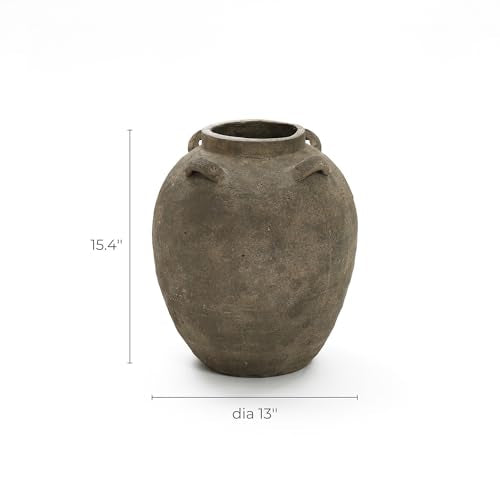 LuxenHome Rustic Ceramic Flower Vase,15 Inch Tall Brown Terracotta Cauldron Vase for Living Room Decor，Large Floor Vase Home Décor Accents,Round Vintage Pottery Vases Home Decor - size: Large