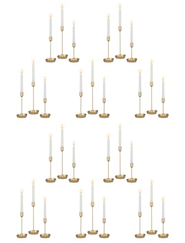 NUPTIO Taper Candle Holders for Centerpiece: Gold Tall Candlestick Holders Bulk 30 Pcs for Birthday Party - Brass Matte Candles Stick Decor Bulk Wax-catching Base for Table Fireplace - color: Gold, size: 30 pcs