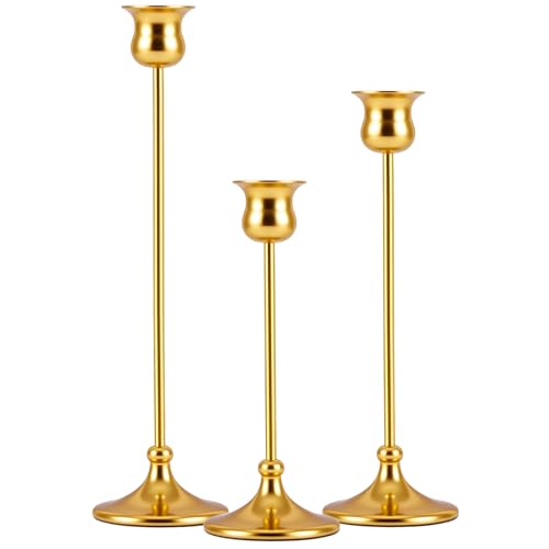 Metal Candle Holder Taper Candlestick Holders for Candle Sticks Vintage Candelabra for Halloween Thanksgiving Christmas (Gold, 1 Set (3 pcs)) - color: Gold, size: 1 Set (3 pcs)