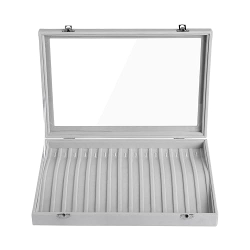 Frebeauty 15 Hooks Necklace Tray Velvet Neckalce Organizer with Clear Lid Lockable Necklace Holder Box Jewelry Organizer for Pendants Chains Necklace Jeweley Tray for Women Girls(Grey) - color: Grey