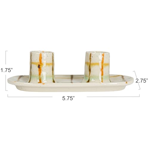 Creative Co-Op Checkered Charm Stoneware Taper Holders, Multicolor - style: Taper Holder