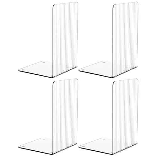 SUOXING 4 PCS Clear Acrylic Bookends for Shelves Decorative,Invisible Book Stopper with Non-Slip Mats for Heavy Books,Small Acrylic Book Ends for Home Office School Supplies and Kids Bookshelf