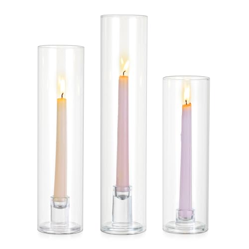 Glasseam Hurricane Taper Candle Holders: Set of 3 Glass Candlestick Holders with Clear Tall Cylinder Candle Sleeves for Centerpiece Table Outdoor Wedding Home Decor 9.84''/11.84''/13.78'' - size: Hurricane+Candlestick