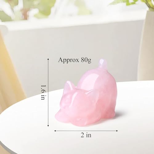 Rose Quartz 2" Cat Crystal Statue Figurines Sculpture Pink Office Home Room Decor for Healing Crystals Lazy Cute Carved Spiritual Natural Gemstones Cat Lover Gifts for Mother Women Lovers - color: Pink-rose