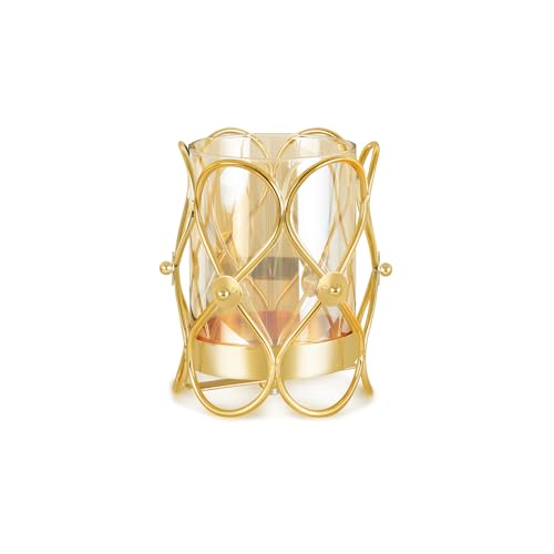 Hurricane Candle Holder, Gold Pillar Candle Holder with Geometric Decorative Accents & Windproof Glass Lid, Perfect for Weddings, Dinners, Parties & Special Events - size: 15cm
