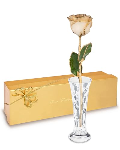 Forever Rose Hand-Dipped in 24K Gold, Diamond-Inspired April Birthstone with Sparkles, Real Rose in Luxury Gold Gift Box & Clear Glass Bud Vase – Perfect Ready for April Birthday or Any Occasion - color: April Diamond