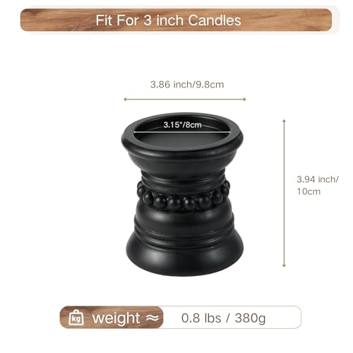 Wooden Candle Holder with Metal Cup - Rustic 4 Inch Pillar Candles Pedestal Stand for Tabletop, Fireplace, Decorative Beaded Candlestick Holders for Farmhouse Vintage Home Decor - Black - color: Black