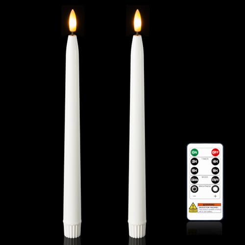 Homemory 11 inches Waxy Flameless Taper Candles with Remote Timer Dimmer, 2 Pcs Battery Operated Taper Candles with Flickering Flame, White LED Candlesticks for Wedding, Christmas Indoor Decoration - style: Traditional - White 11"
