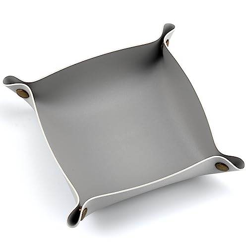 Decorative Foldable Valet Tray Artificial Leather Catchall Holder Small Desk Table Organizer Tray for Jewelry, Keys, Watches, Coins (Light Gray)