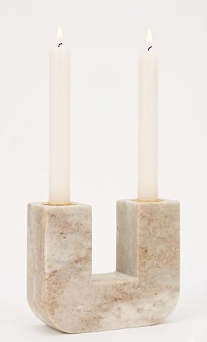 Spiretro Elegant U-Shape Marble Candle Holder for Taper Candles – Real Marble with Grayish-White and Brown Veining, Soft Pads for Surface Protection – 5.5” W x 4.5” H x 1.75” D
