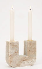 Spiretro Elegant U-Shape Marble Candle Holder for Taper Candles – Real Marble with Grayish-White and Brown Veining, Soft Pads for Surface Protection – 5.5” W x 4.5” H x 1.75” D