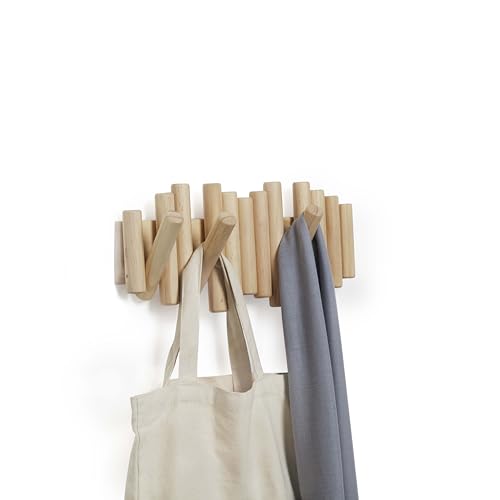 Umbra Picket Wall-Mounted Coat Rack Rail Hook with 5 Retractable Wood Pegs – Modern, Space-Saving Storage Organizer, Natural (Pack of 3) - color: Natural, size: 5-Hook (Pack of 3)