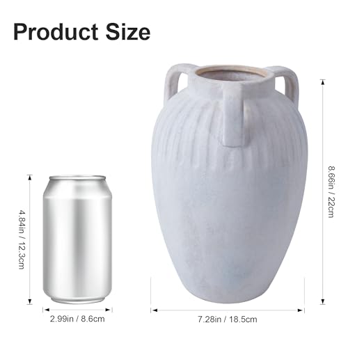 Flower Vase, 8.86 inch Tall Ceramic Vase with 3 Handles Vintage Terracotta Rustic Unique Vase for Bouquet Pottery Barn Decor Large Vases for Decor Livingroom Bathroom Modern Farmhouse(White) - color: B-8.86"h-white