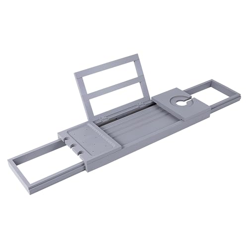 Utoplike Bathtub Tray Caddy Bamboo, Grey Bath Table for Tub Adjustable, Bathroom Organizer with Book Tablet Wine Glass Cup Towel Holder - color: 19.8-33.5 in Grey