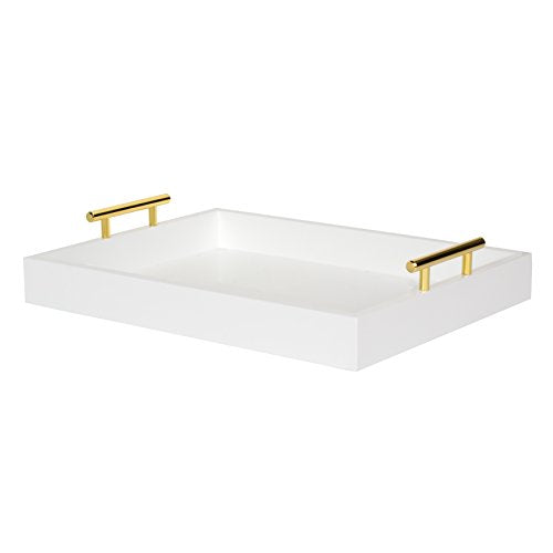 Kate and Laurel Lipton Decorative Tray with Polished Metal Handles, White and Gold - color: White/Gold, size: 16.5" x 12.3" x 3.3"