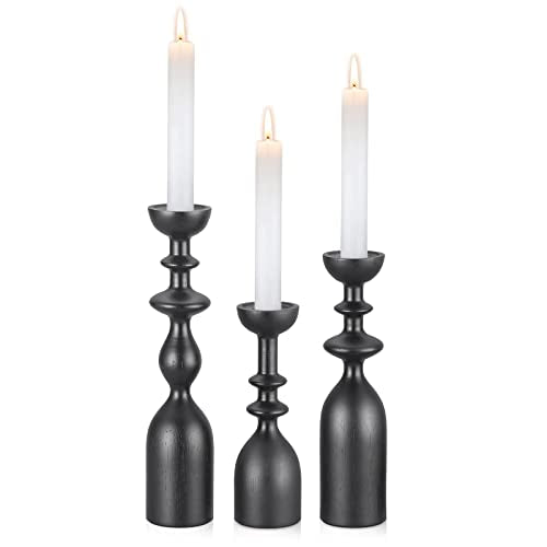 HOWSILAY Wood Candle Holders for Table Centerpiece Black Candlestick Holders - Rustic Candle Stick Candle Holder fits 3/4" or 7/8" Taper Candle and Dia 1.5" Led Tea Lights Candles or Pillar Candles - color: Black