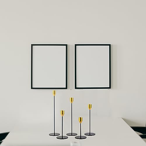 Set of 5 Black Taper Candlestick Holders with Brass Top, Metal Candle Stick Holder, Antique Mid-Century Candle Holders for Table Centerpiece, Mantel, Dining Table Decor