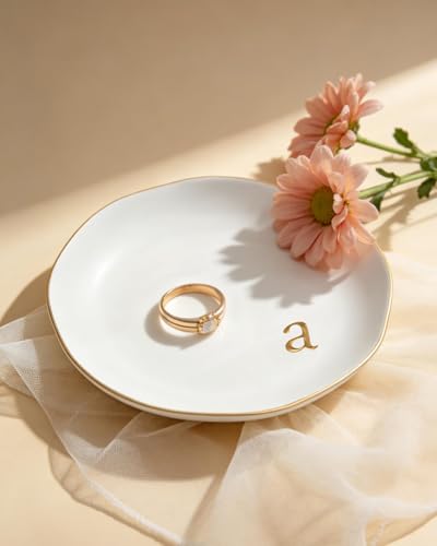 Ceramic Jewelry Tray - Monogrammed Ring Dish Jewelry Holder Dish Room Decor, Personalized Engagement Wedding Gift Birthday Valentines Christmas Gifts for Women - Engraved Initial a - style: a