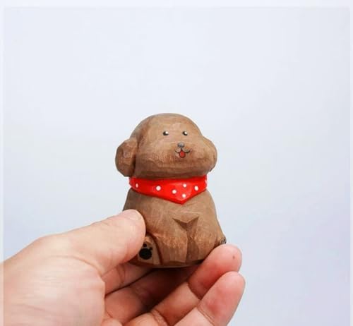 Hand-Carved Wooden Teddy Dog Figurine, 2.7" Brown Puppy Statue with Base for Car Dashboard, Desk & Home Decor, Gift for Dog Lovers - color: Brown Teddy