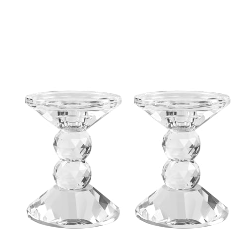 2-Pack Crystal Candle Holders, Clear Crystal Taper or Pillar Candlesticks, Table Centerpiece Home Decor for Wedding, Dining, Party(4.9in Tall)