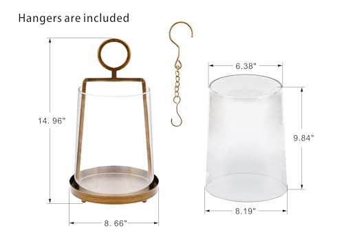 9" Wide Modern Farmhouse Metal Hurricane Candle Holder with Handmade Sturdy Glass Sleeve in Vintage Brass for Pillar Candle & Plants, Glass Hurricane Lantern, Industrial, Minimalistic - color: Brass, size: 9"x14"