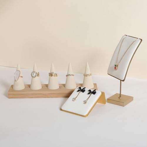 GemeShou Beige wood ring storage organizer, Velvet Jewelry ring display holder, Cute ring display stand for selling, wedding ring holder at nightstand【Beige with five cone】 - size: Large