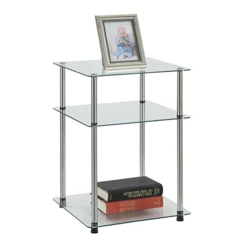 Convenience Concepts Designs2Go Classic Glass 3-Tier End Table 23.75" - Modern Stainless Steel Display with Storage Shelves for Living & Family Room, Bedroom, Bathroom, Office, Glass/Chrome