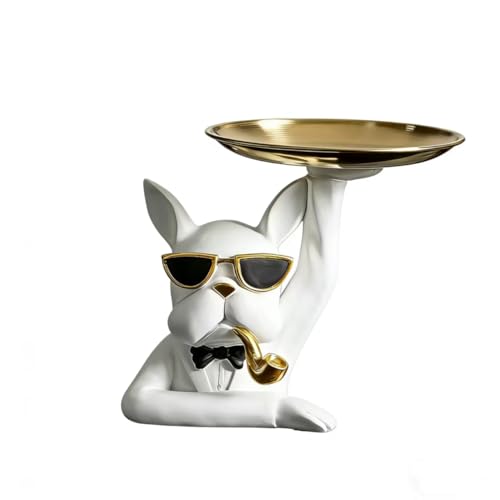 White Dog Sculpture Tray 7.5 Inch Resin Statue Figurine with Removable Serving Tray Cute Animal Decor for Entryway Coffee Table Unique Gift for Dog Lovers - color: White