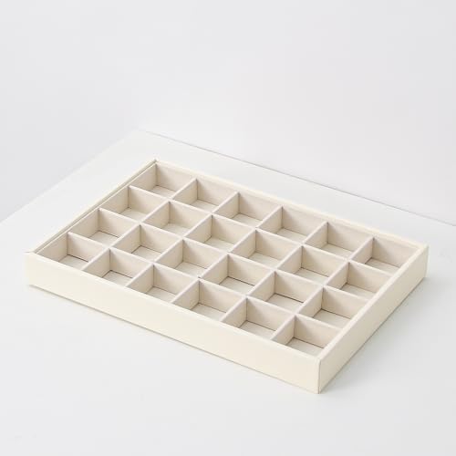Stackable Jewelry Organizer Tray For Drawers,White Leather Small Earring Storage Tray,Bracelet And Necklace Display Box,Jewelry Ring Display Case (Creamy White 24 Grids) - style: Creamy White 24 Grids