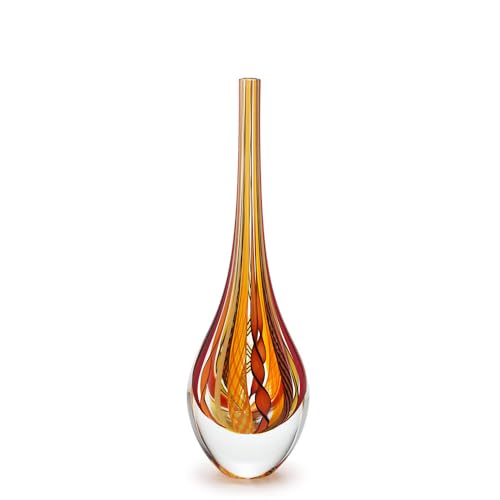 Ca D Oro Small Drop Glass Vase Boho with Red/Yellow Canes Hand Blown Murano-Style Art Glass - Model Tall - color: Red