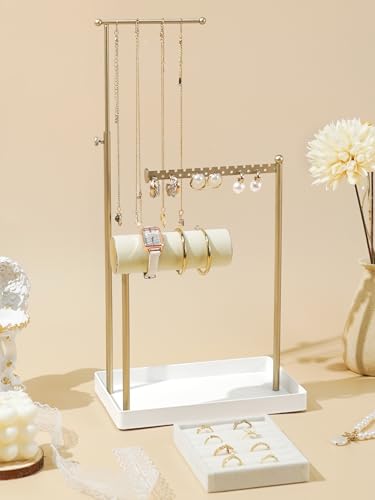 Jenseits Jewelry Organizer Stand with Ring Holder - 3-Tier Gold Jewelry Holder Tower with Velvet Tray, Necklace Holder, Bracelet & Earring Display Stand for Women, Gift for Her - color: white-gold