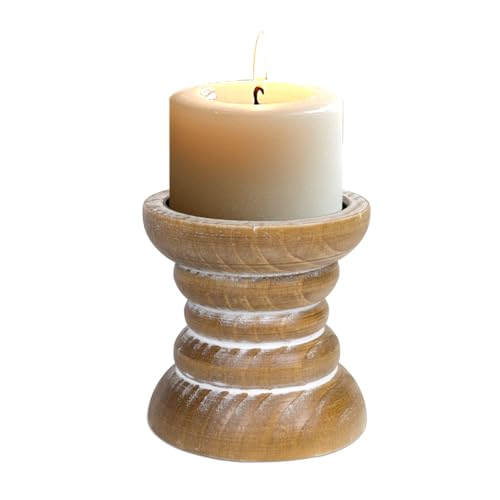 Pillar Candle Holder, Farmhouse Wood Candle Holder, Rustic Wooden Candle Stand, Vintage Small Wooden Candlestick Holders for Living Room, Table Centerpiece, Brown - color: Washedbrown, size: 4"H（1PCS）