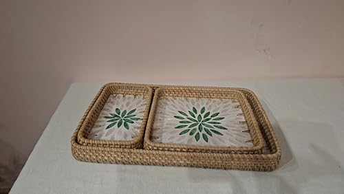 Set of 3 Rattan Serving Trays with Mother of Pearl Inlay – Handwoven Boho & Modern Farmhouse Decor for Kitchen, Bathroom, Coffee Table & Ottoman - style: Rattan Trays with Mother of Pearl Inlay