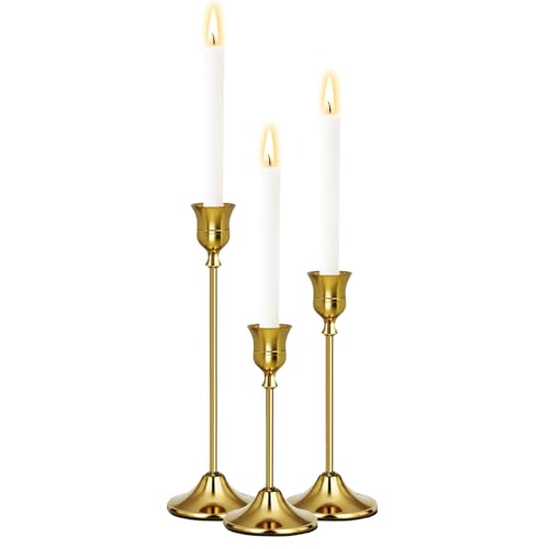 Gold Candlestick Holders Set of 3, Weighted, Metal Taper Candle Stick Holders, Vintage Christmas Brass Home Decor for Table, Mantel, Room Decorations Housewarming Gift Gold-3 - color: Gold, size: Set of 3