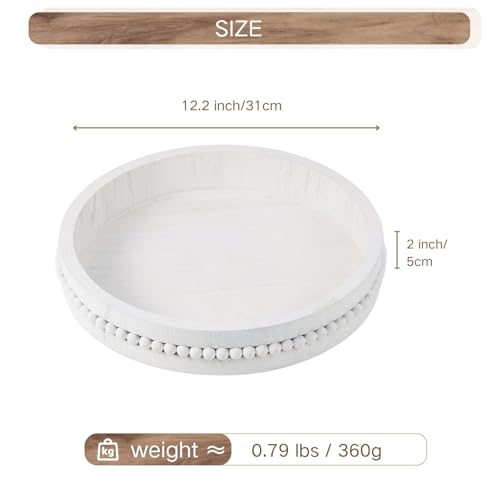 Decorative Wooden Tray: Beaded Round Coffee Table Tray for Centerpiece, Rustic Farmhouse Wood Serving Tray for Entry, Living Room and Kitchen Counter Decor, 11.8 inch - Distressed White