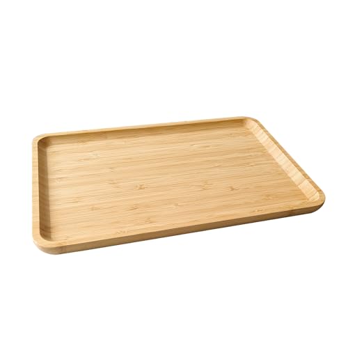 Bamboo Serving Tray Rectangle Platter Breakfast Dinner Food Bed Tray for Eating Kitchen Restaurants (1, 14.2" x 9.5" x 0.8" (no Handle)) - size: 14.2" x 9.5" x 0.8"